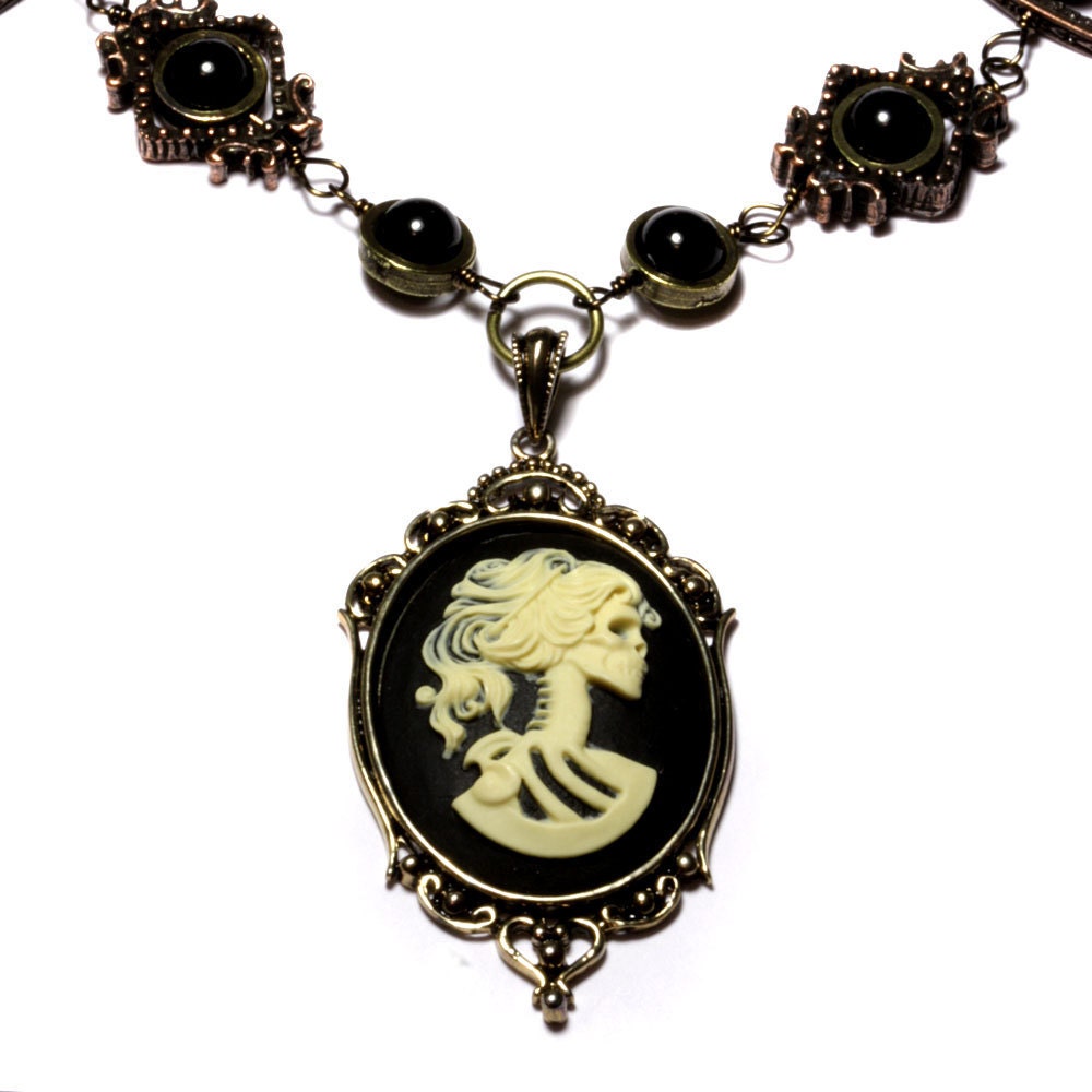 Steampunk Goth Jewelry - Necklace - Ivory on Black Skeleton Lolita portrait Cameo - CatherinetteRings