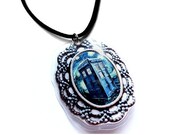 Doctor Who Inspired TARDIS Necklace, Van Gogh Starry Night Filigree Pendant with Blue Police Box