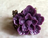 Adjustable Brass Ring Deep Dark Plum Purple Resin Sakura Cherry Blossom Flower Floral Filigree Pretty Design Swirly Band