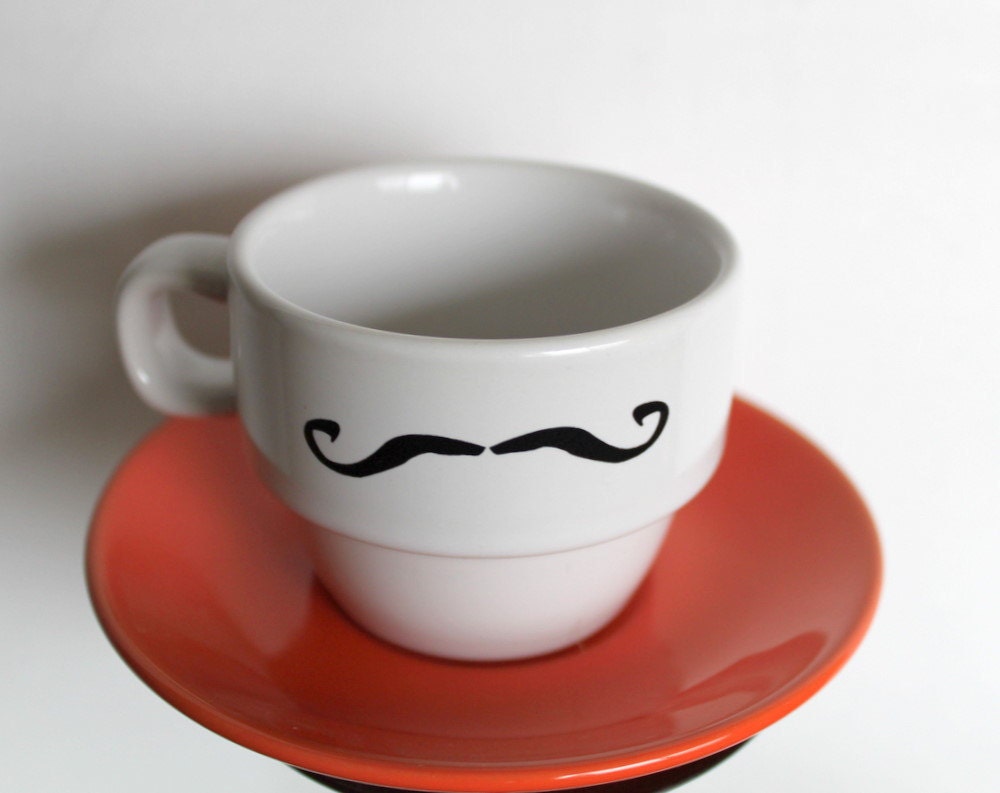 Upcycled Mustache White Espresso Cup and Orange Saucer by Uptown Avenue