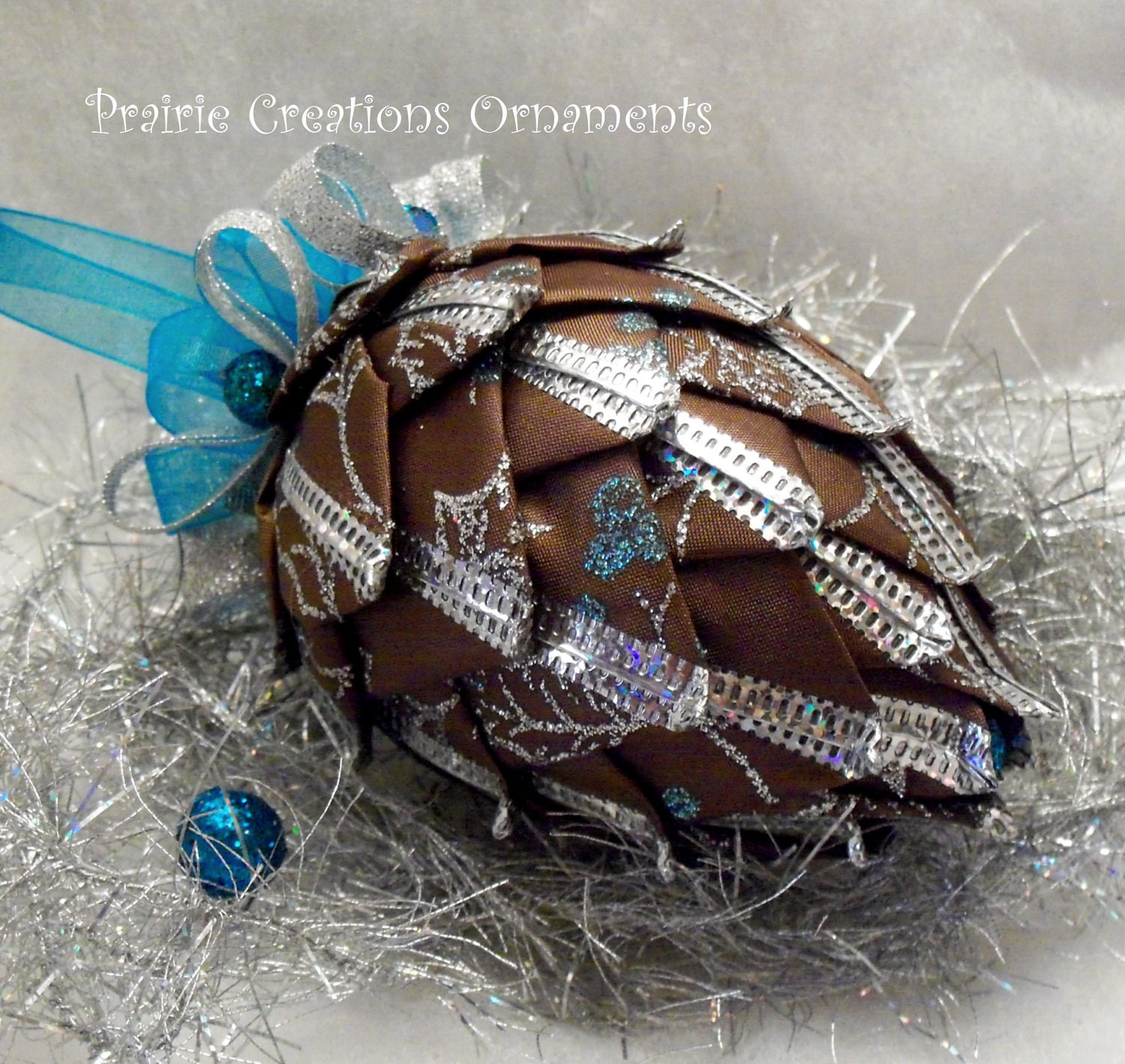 Quilted Ornament Pinecone Sparkling Turquoise on Brown Sheer Ribbon Christmas Decor