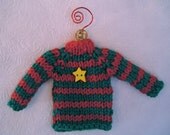 Hand Knit Red & Green Striped Sweater Ornament