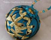 Folded Ribbon Quilted Christmas Ball Ornament Sparkling Gold and Peacock Original Design