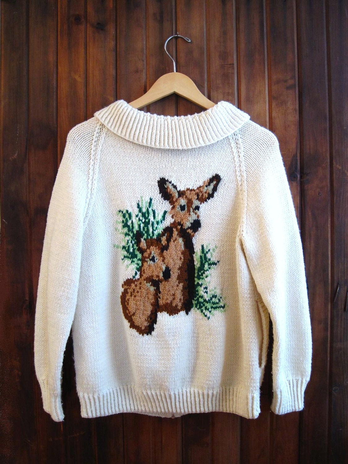 Vintage 60s zip up cardigan sweater with dear winter white zip up pockets cowichan