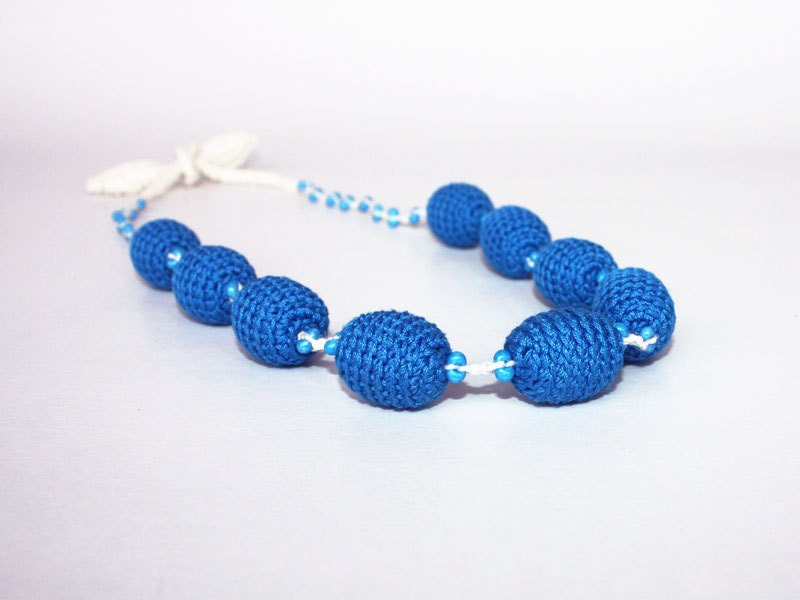 Blue Nursing Necklace Breastfeeding Babywearing Crochet Covered Wooden Beads Baby Shower Gift Boho Rustic Free Shipping Ready to ship oht