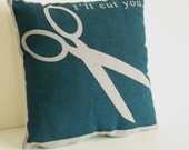 I'll Cut You - organic and vintage fabric screen printed pillow