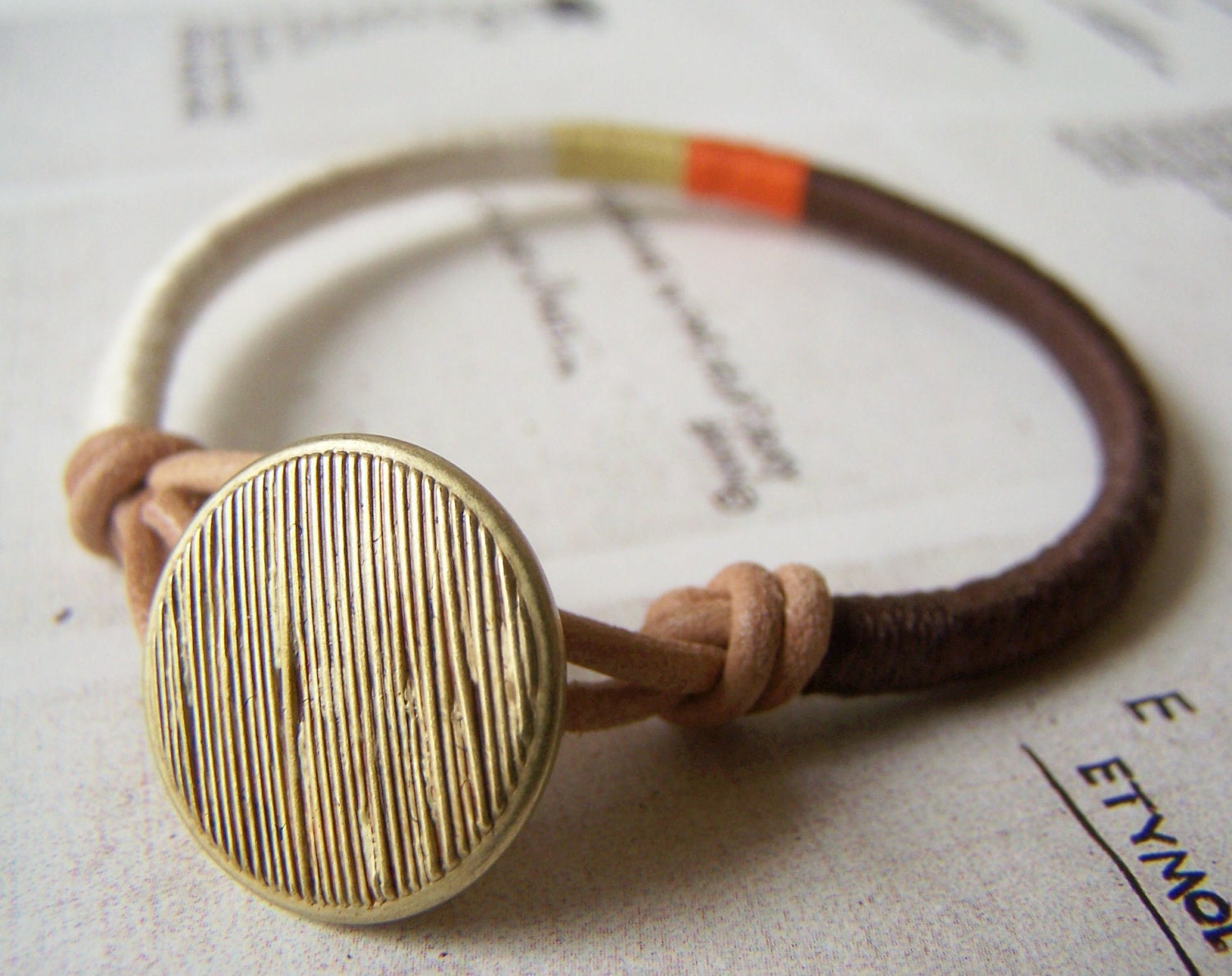 Cooper bracelet - leather wrap, button closure (ecru cumin carrot chocolate), handmade jewelry
