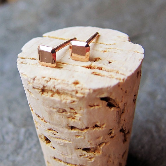 Tiny 10k rose gold faceted square stud earrings, diamond like faceted metal studs, artisan metalsmith, eco friendly