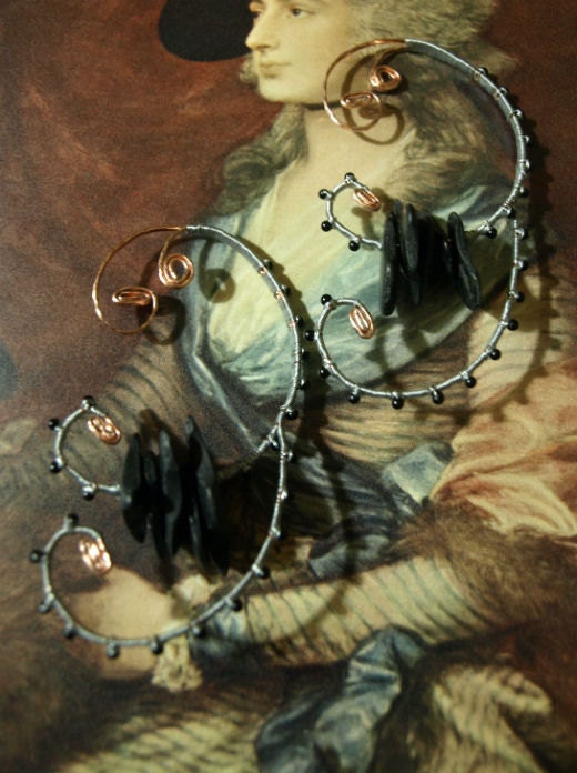 Onyx and wood, copper and silver - flourish ear weights