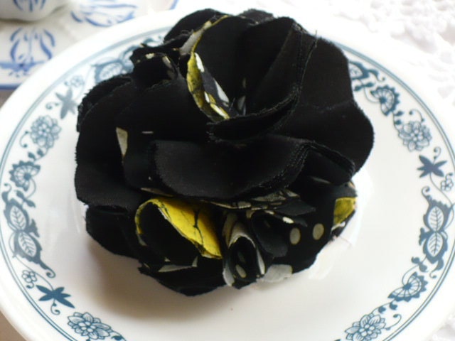 Black Fabric Flower  Pin- Gift Wrap Topper -  - Table Decoration - Embellishment