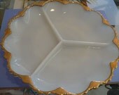 Vintage Fire King Milk Glass White Scalloped Relish Serving Dish 24k Gold Trim