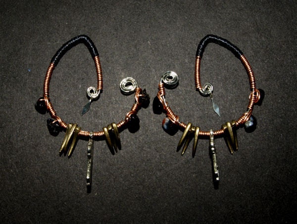 Copper, brass, silver and black agate crucifix ear weights