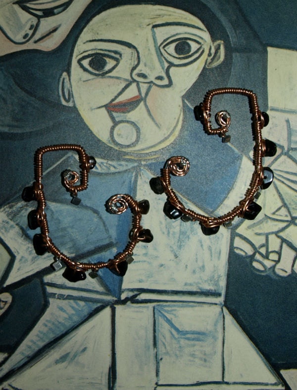 Black banded agate Aztec inspired J ear weights