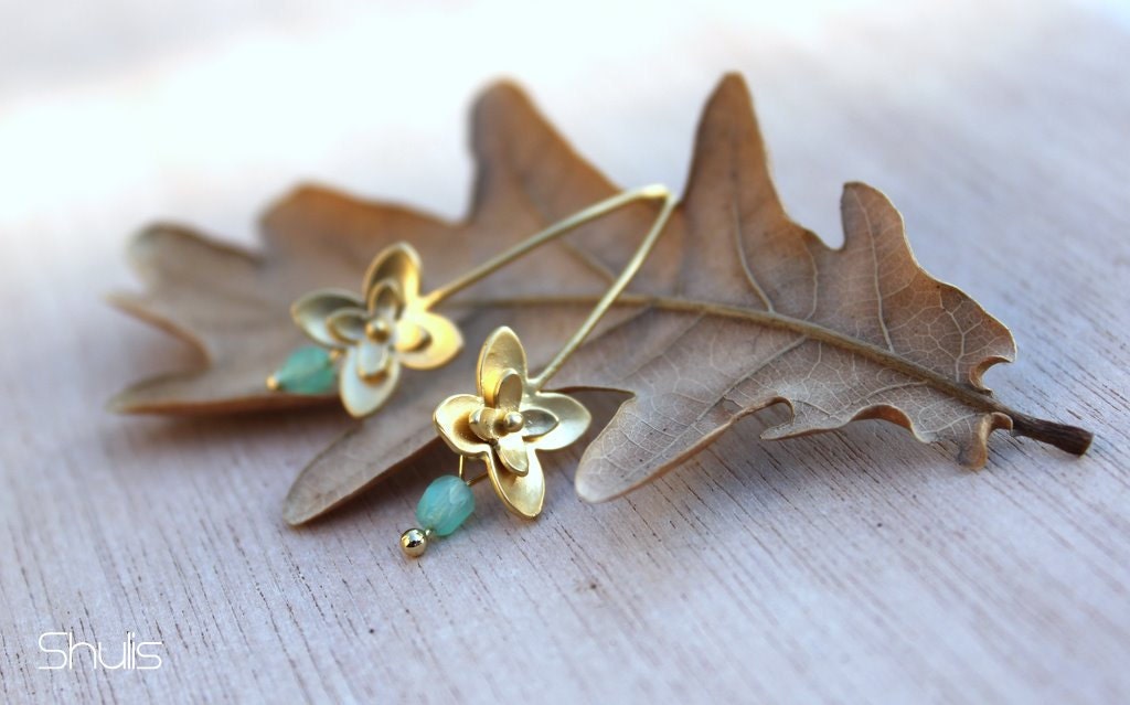 Small Flower Gold Earrings w/ Opal Turquoise Beads