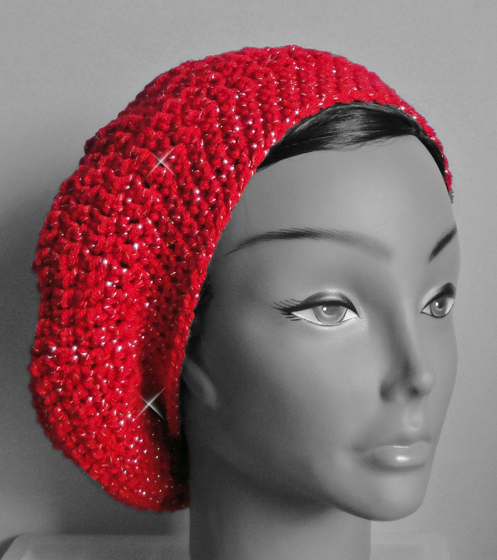 Slouchy Beret Hat - Red with Silver Sparkles - Hand Crocheted - Ready to Ship