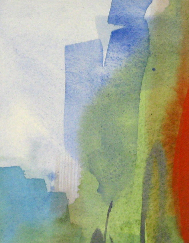 Blank Note Card with handmade abstract watercolor painting- Red Blue and Green colors