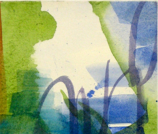 Blank Note Card with handmade abstract watercolor painting- Red Blue and Green colors