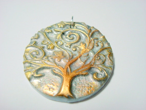Silver Twirly Tree of Life Handmade Polymer Clay Pendant