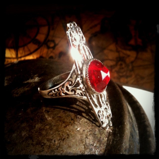 RED QUEEN Gothic Steampunk Ring by 19 Moons- Antique Red Crystal on Silver Art Nouveau Style Adjustable Ring- DAZZLING Vampire