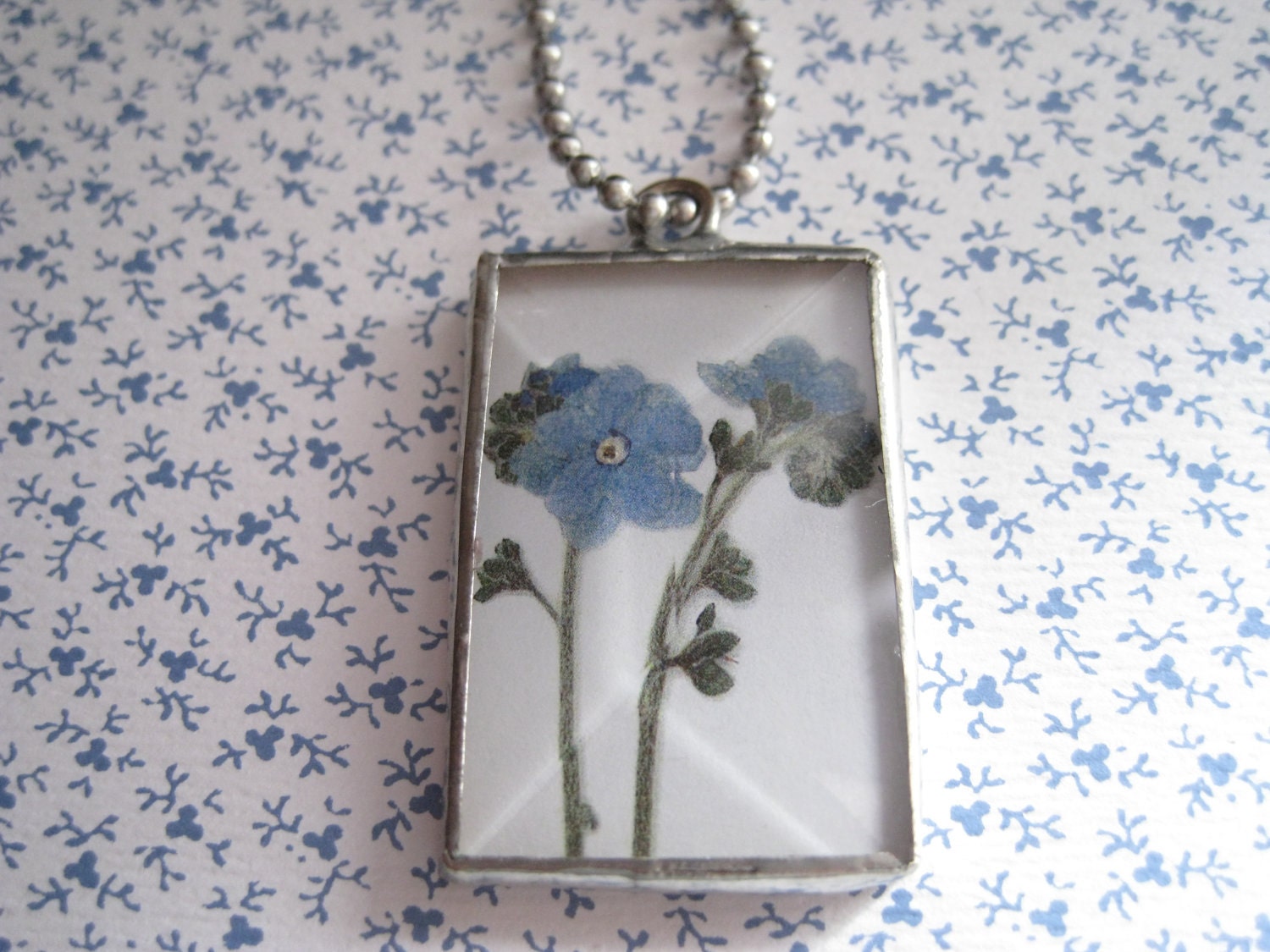 Silver Solder and Beveled Glass Rectangular Forget Me Not Pendant