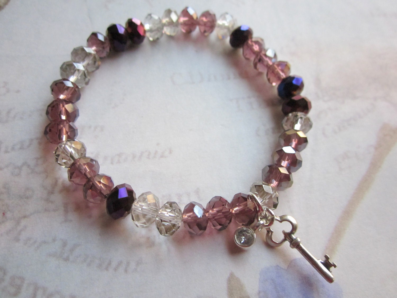 Crystal Stretch Bracelet with Key Charm, Purple