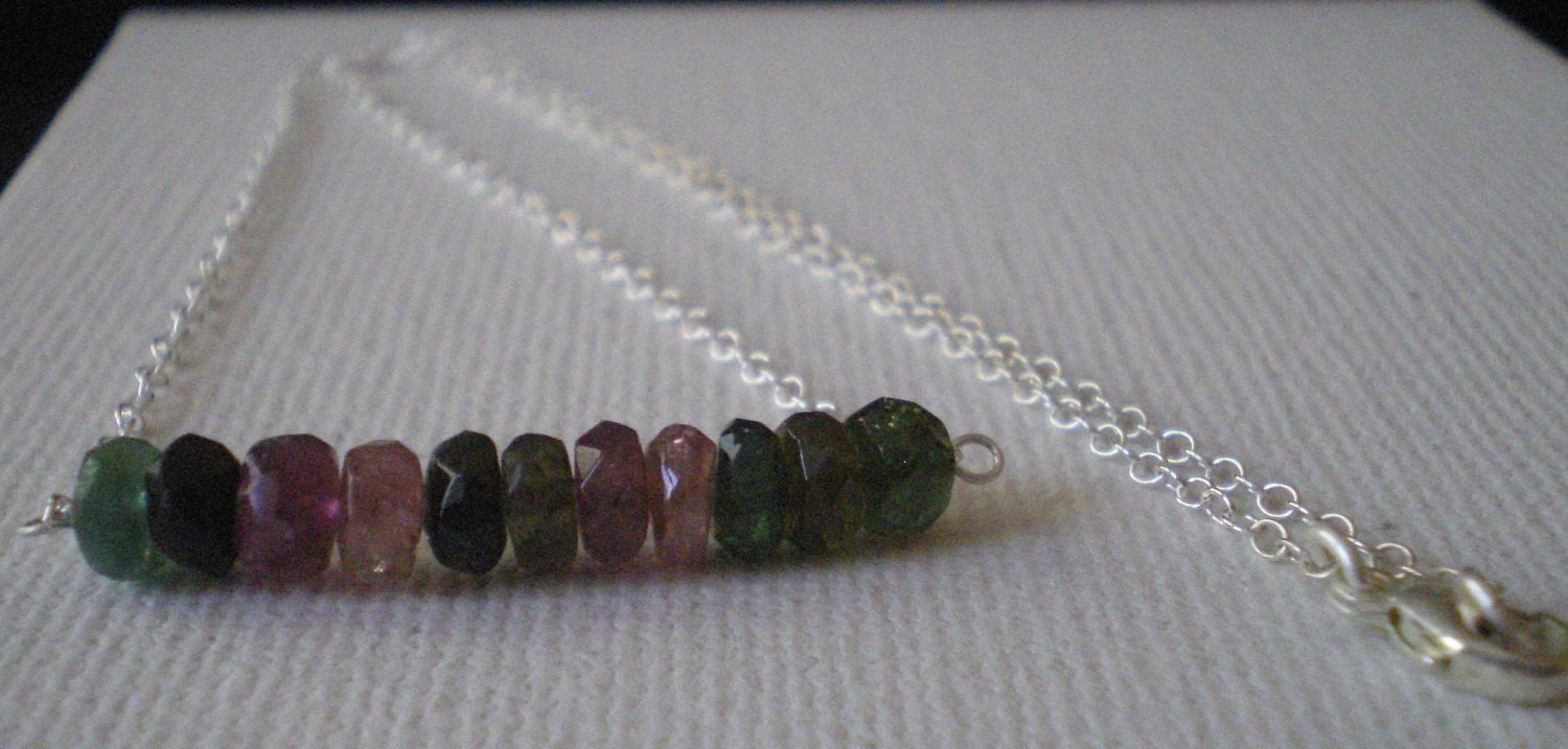 Watermelon Tourmaline Faceted Rondelle Sterling Silver Necklace, Gift Under 50, Fashion, Valetine's Day Gift