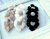 Vintage Off White Velvet Flower and Rhinestone Bridal & Special Occasion Hair comb