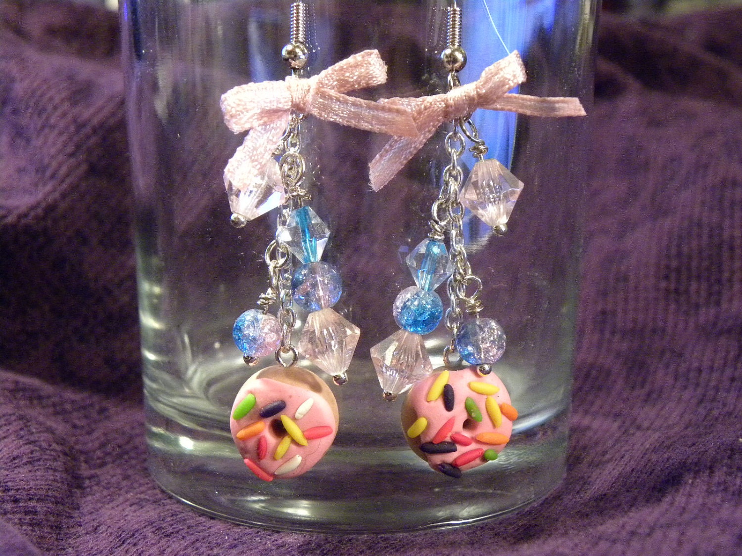 Kawaii Earrings, Frosted Pink Donut with Sprinkles