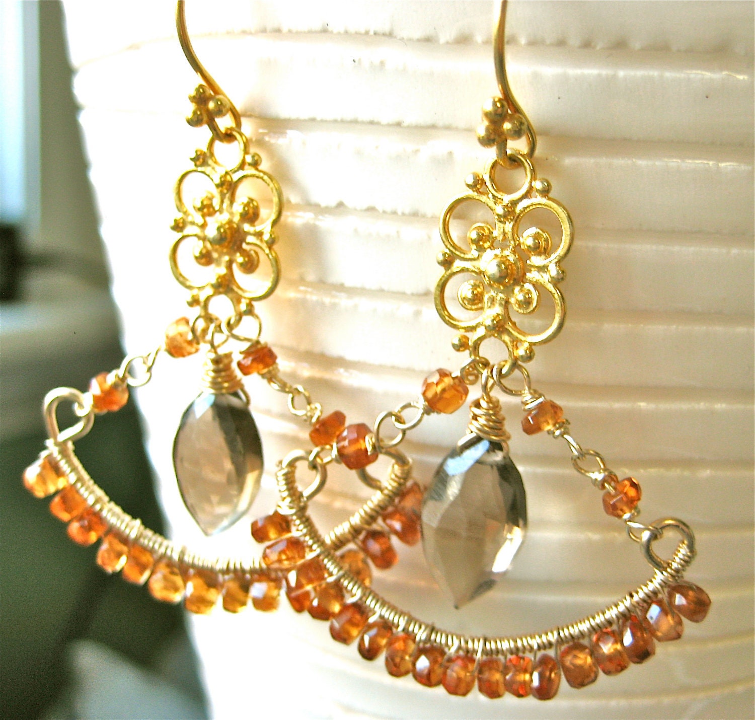 Lonesome Swan Mandarin Garnet Gemstone Fan Earrings