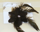 Ebony: Black Rose Fascinator With Feathers and A Rhinestone Center