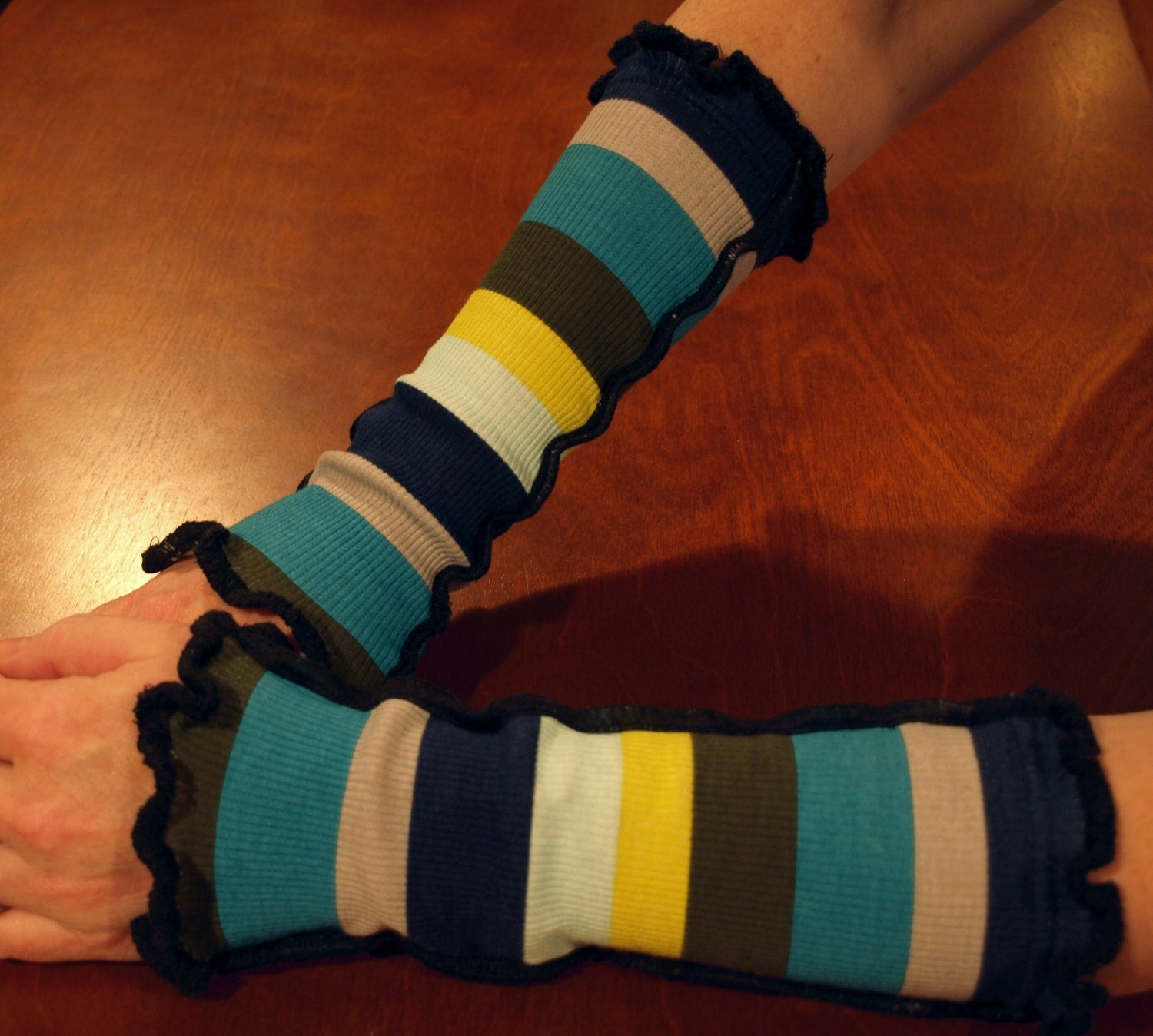 Medium Arm Warmers Stripey Print Upcycled Knit Wear