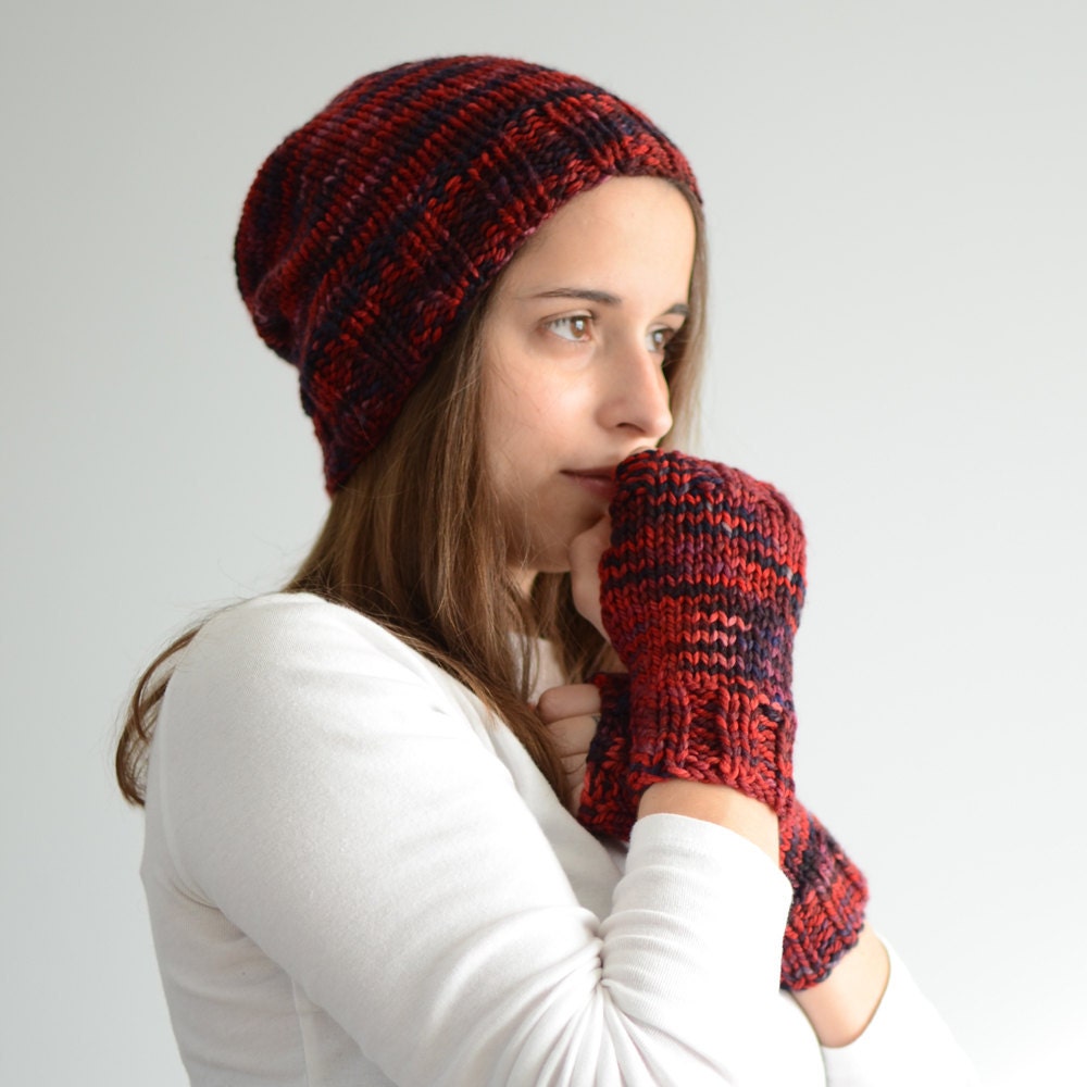Hand-Knit Hat and Fingerless Mitten Set - Six from Battlestar Galactica Red Blue Purple - Ready to Ship