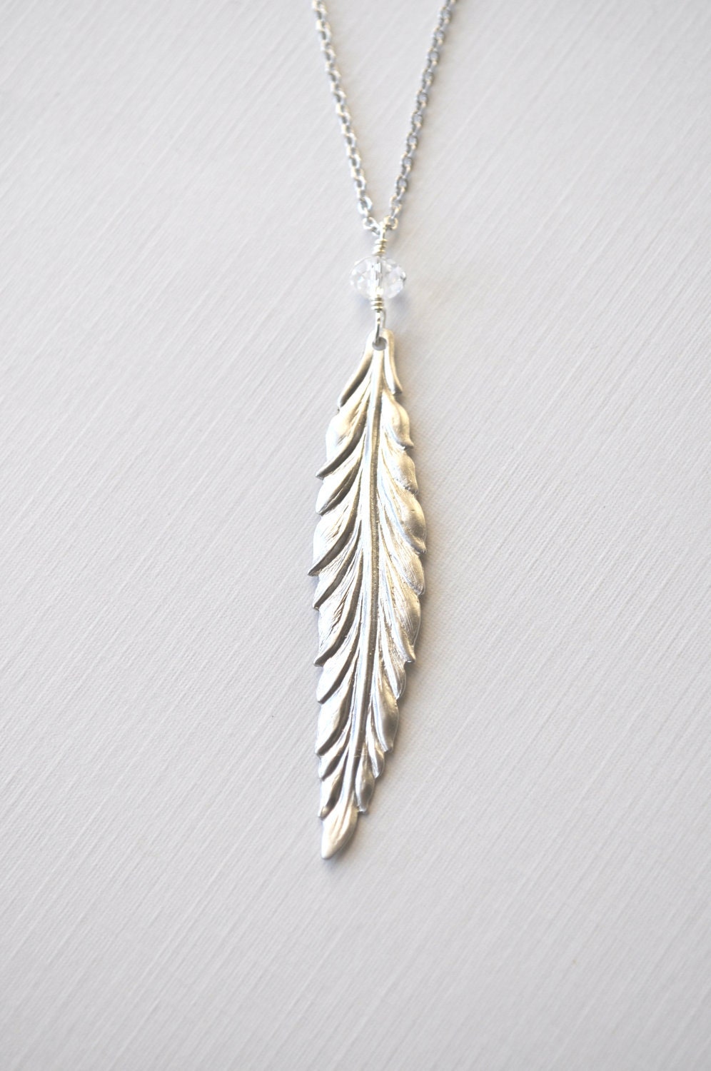 Slender Silver Leaf - long silver plated necklace with clear swarovski crystal