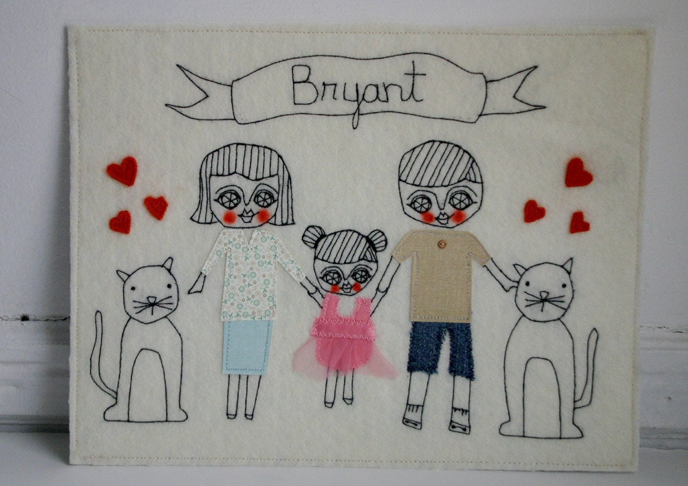 Family portrait  -  textile collage art   -  custom order - letter size