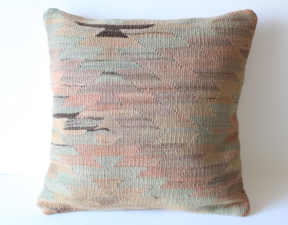 Organic Shine Society Modern Bohemian Throw Pillow. Handwoven Wool Vintage Tribal Anatolian Turkish Kilim Pillow Cover. Rust. 16x16