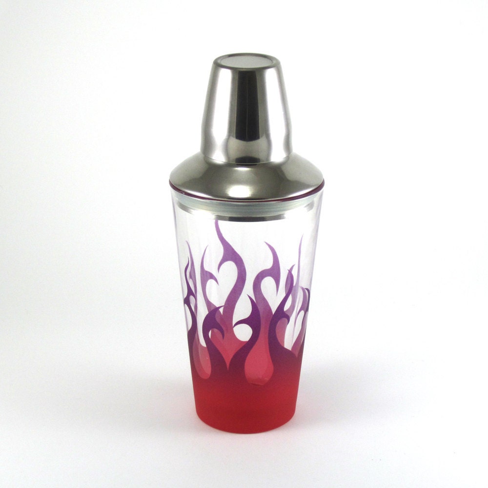 Cocktail Shaker - Tribal Flames design - Purple and Red - Custom Painted and Etched Glass