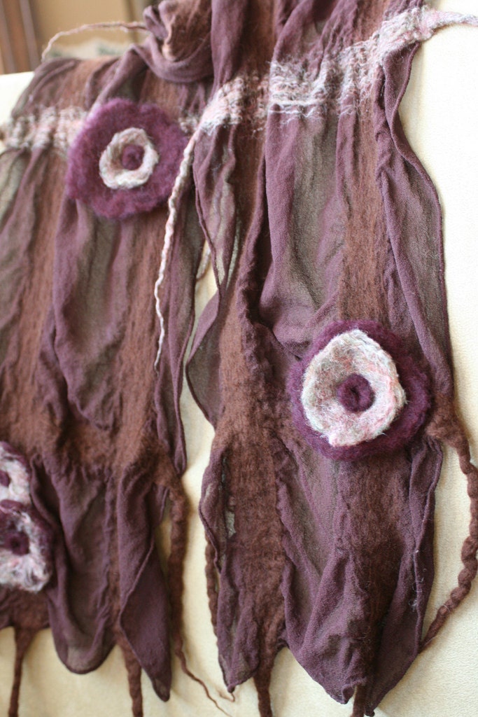 Nuno Felted Scarf with Felted Flowers -  A soft, handmade wool and silk scarf  - CUSTOM ORDER