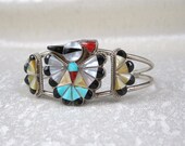 Pretty Zuni Sterling Turquoise Coral Yellow Lip Mother of Pearl Thunderbird Cuff