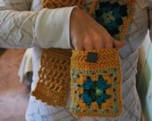 Long crochet pocket scarf with granny squares in yellow