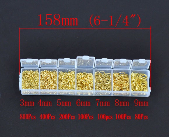 JUMP RINGS 1782 total.  Assorted sizes comes in a convenient box. Gold Tone Jewelry findings for Necklaces and Bracelets