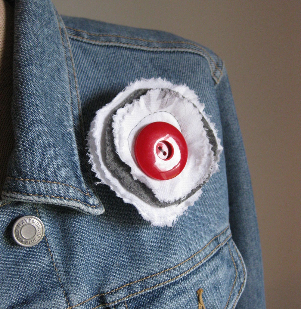HAIR CLIP recycled grey wool with white cotton brooch and red button by Lynn Minney Designs