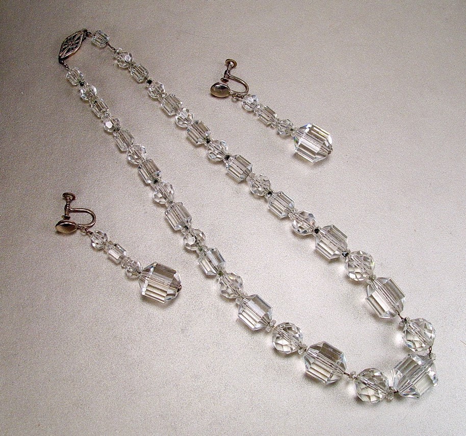 Art Deco La Tausca Crystal Necklace Earrings in Presentation Box Vintage 1920s Jewelry