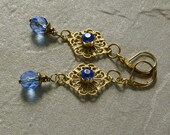 Earrings Vintage Rhinestones Brass Filligree Blue Glass Beads