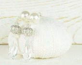 Elegant White Pearl and Crystal Earrings in Sterling Silver:) Bridal Earrings, Peal Earrings, Statement Earrings