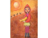 ACEO - Girl with Hoodie - Yellow Bird Bright Sun - Illustration - 2.5 x 3.5 Inches