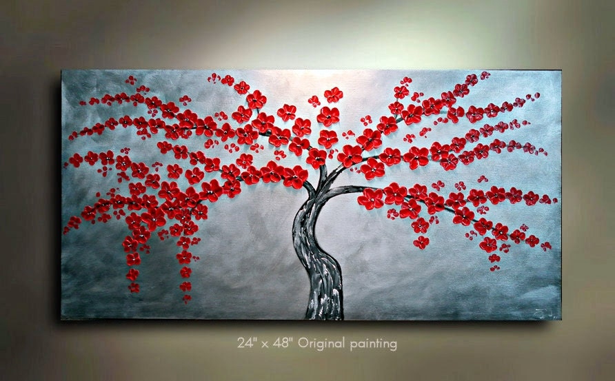 ORIGINAL Tree painting Silver red Flower Texture Art metallic 24x48 Modern Contemporary art Made to Order by OTO