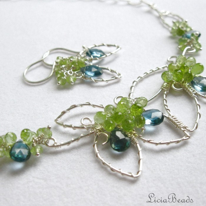 London Garden - London Blue Topaz, Peridot and sterling silver wirewrapped necklace
