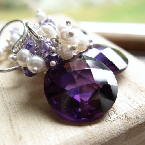 Luxury - Freshwater pearl, Purple Zircon, Cubic Zirconia and sterling sliver necklace and earring set