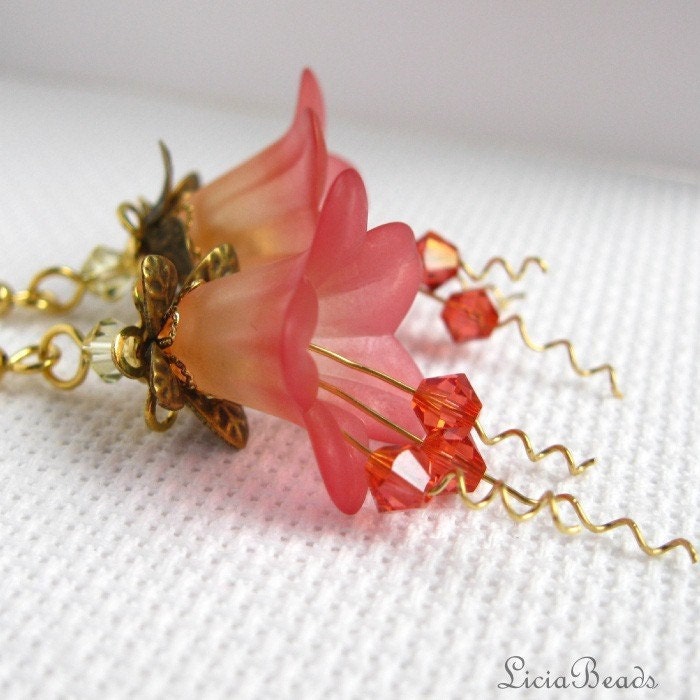 Strawberries and Champagne  - Flower, Swarovski crystal and gold earrings