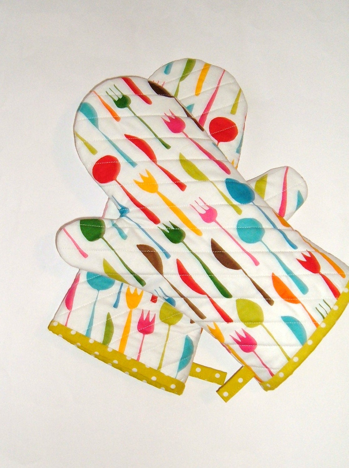 Oven Mitts Bright Flatware on White  FREE DOMESTIC SHIPPING